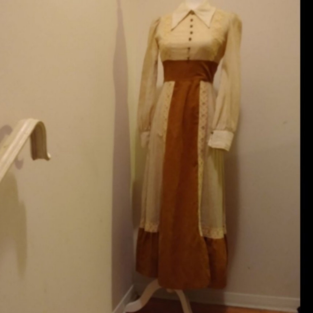 Vintage 1960s 1970s Prairiecore Dagger Collared Maxi Dress Cottagecore